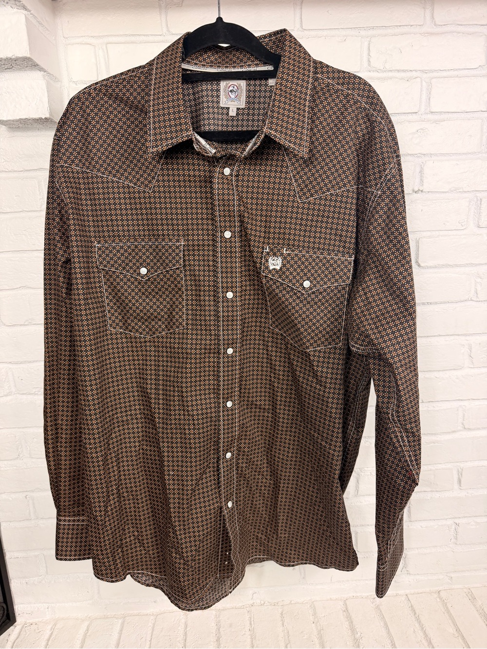 Cinch Western Snap Shirt Large Brown Geometric‎ Print Cowboy Rodeo Ranch